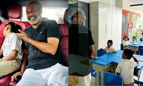 സ്കൂളിൽ പോകണ്ടെന്ന് വാശിപിടിച്ച് കൊച്ചുമകൻ; താത്ത റോളിൽ രജനി സ്കൂളിലേക്ക് സ്കൂളിൽ പോകണ്ടെന്ന് വാശിപിടിച്ച് കൊച്ചുമകൻ; താത്ത റോളിൽ രജനി സ്കൂളിലേക്ക്